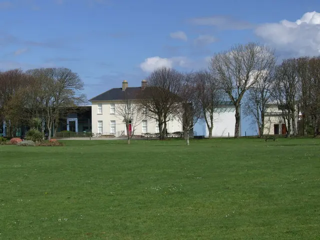 The white Georgian house of Flowerfield Arts Centre behind a broad lawn and bare trees under a blue sky